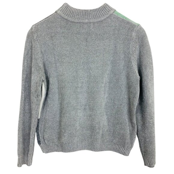 Alfred Dunner Vtg Patchwork Sweater Petite Large Acrylic Chenille Green Gray - Picture 8 of 10